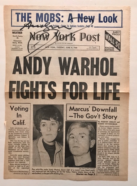 Andy Warhol, ‘Signed front page of New York Post - Andy Warhol fights for life.’, 1968, MultiplesInc Projects