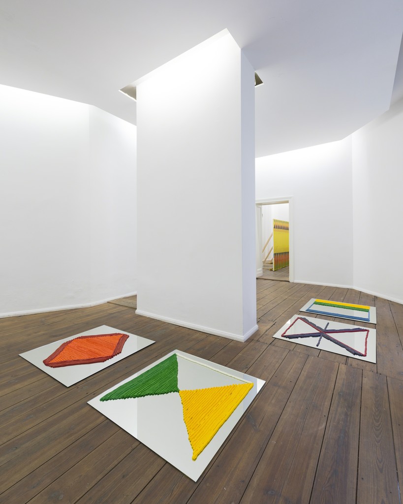Tobias Sjöberg, Freikörperkultur I, II, III, IV (installation view), cream, oxygen, salt, sugar and food coloring components, each 100 x 100 cm, 2015. Tobias Sjöberg, Freikörperkultur I, II, III, IV (installation view), cream, oxygen, salt, sugar and food coloring components, each 100 x 100 cm, 2015.