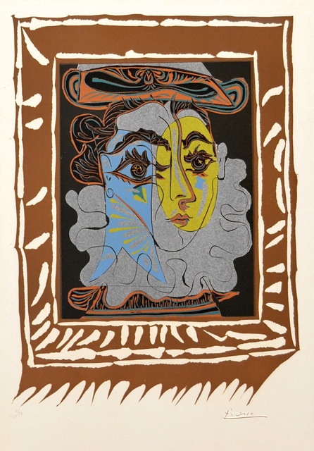 Pablo Picasso, ‘Portrait de Femme A La Fraise Et Au Chapeau (B. 1145 BA. 1323) ’, 1962, Print, Linocut in seven colors on Arches wove paper., Off The Wall Gallery