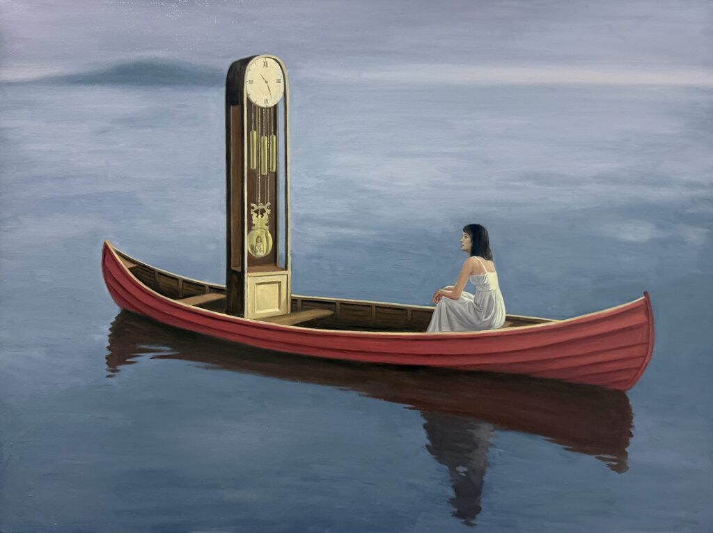 Tianhao, The Human Condition III, 2026. A woman sits alone in a red boat on foggy water, a grandfather clock standing upright in the boat beside her.