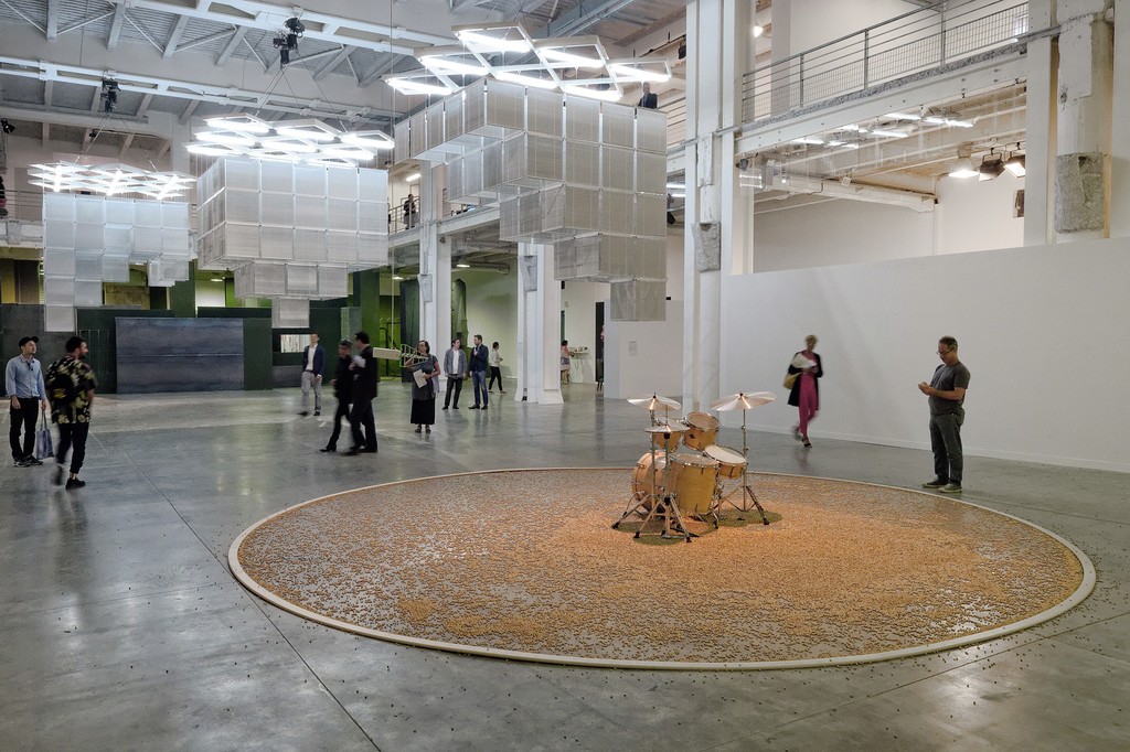 Installation view of Haegue Yang "Sol Lewitt Upside Down - Structure with Three Towers, Expanded 23 Times"; Céleste Boursier-Mougenot, "Aura". 13th Lyon Biennale, 2015. Courtesy Kukje Gallery Seoul and Galerie Xippas, Paris. © Blaise Adilon Installation view of Haegue Yang "Sol Lewitt Upside Down - Structure with Three Towers, Expanded 23 Times"; Céleste Boursier-Mougenot, "Aura". 13th Lyon Biennale, 2015. Courtesy Kukje Gallery Seoul and Galerie Xippas, Paris. © Blaise Adilon