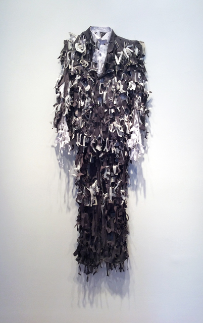 Lesley Dill, ‘Grey Poem Suit’, 2014, Sculpture, Fabric, thread, Nohra Haime Gallery