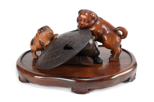 NON NAME, ‘Wood Carving Young Dog Ornament 19 1049’, ca. 1880~, Sculpture, Wood, Yumekoubou Antique