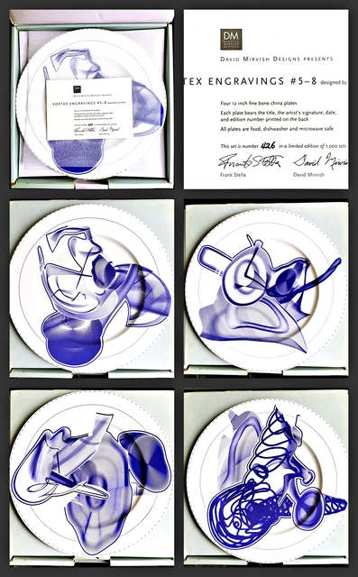 Frank Stella, ‘Vortex Engravings #5 - 8: Gift Box of Four Limited Edition Plates, Signed and Numbered with Certificate of Authenticity - hand signed by Frank Stella’, 2000, Design/Decorative Art, Suite of four (4) Fine Bone China Plates. Each signed and numbered from the limited edition of 1000 on the verso., Alpha 137 Gallery