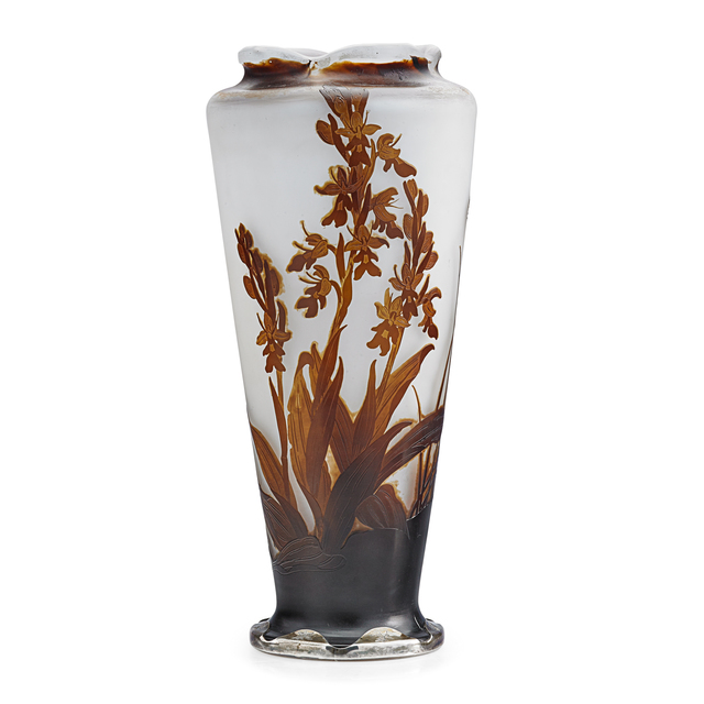 Galle, ‘Tall vase with crocosmia orchid under a scalloped rim, silver base etched "Je vous aime," France’, Design/Decorative Art, Acid-etched cameo glass, silver, Rago/Wright