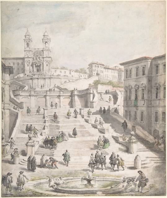 Giovanni Paolo Panini, ‘Scalinata della Trinità dei Monti’, ca. 1756–1758, Drawing, Collage or other Work on Paper, Pen and black ink, brush and gray wash, watercolor, over graphite, The Metropolitan Museum of Art