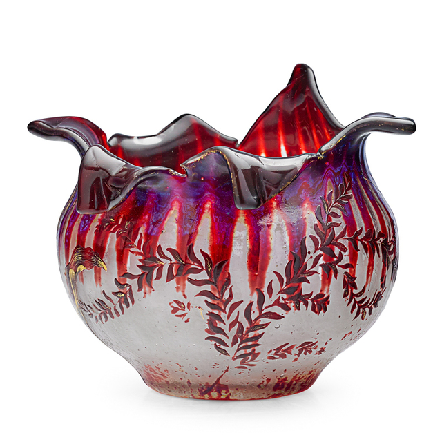 Galle, ‘Tulip-Shaped Bowl With Orchids And Grasshopper, France’, ca. 1900, Design/Decorative Art, Acid-Etched, Fire-Polished, And Gilt Internally Decorated Glass, Rago/Wright