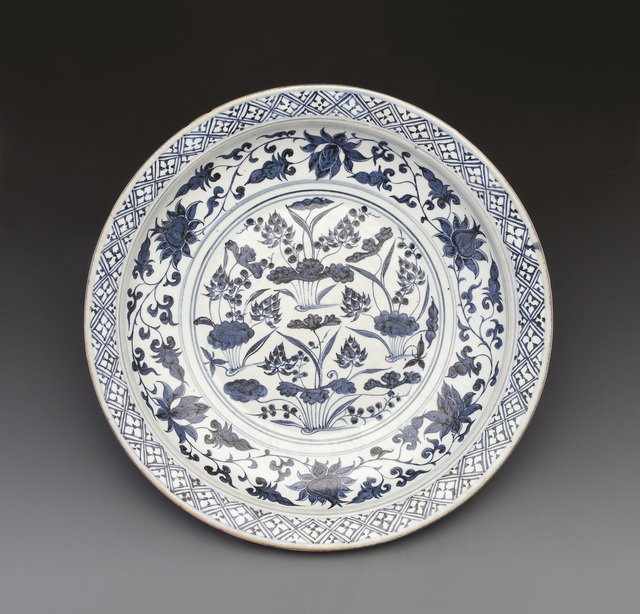 China, Late Yuan Dynasty | Large plate with design of lotus pond in ...