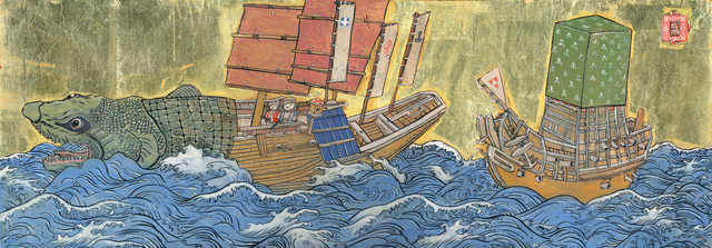 Konstantinos Papamichalopoulos, ‘The Two PIlgrims at Sea’, 2018, Painting, Ink, egg-tempera and gold leaf on panel, DECORAZONgallery