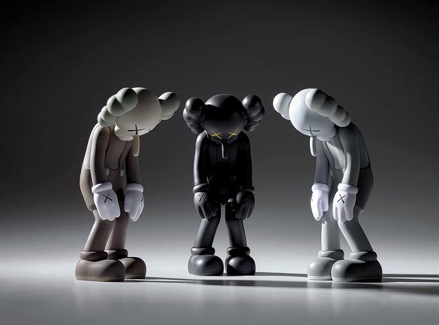 KAWS, ‘Three works: (i) SMALL LIE (Brown); (ii) SMALL LIE (Black); (iii) SMALL LIE (Grey)’, Sculpture, Painted vinyl, in original Medicom packaging, Phillips