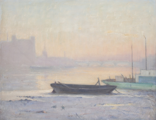 Charles Wheeler, ‘(Barges on the Thames, with Vauxhall Bridge in the distance)’, ca. 1914, Painting, Oil on canvas, Charles Nodrum Gallery