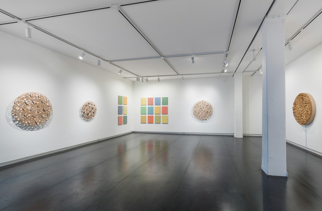 Gingham paintings by Michelle Grabner, bamboo sculptures by Anne Crumpacker. Photo by Mario Gallucci. Gingham paintings by Michelle Grabner, bamboo sculptures by Anne Crumpacker. Photo by Mario Gallucci.