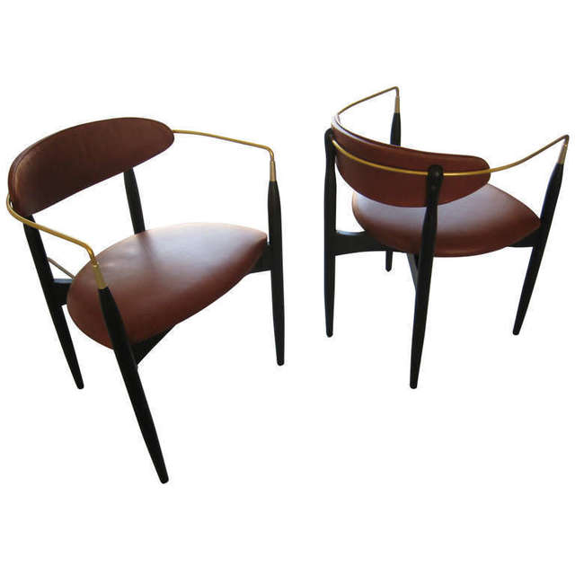 Dan Johnson, ‘Gamine Pair Of Arm Chairs’, 1960s, Design/Decorative Art, Wood, brass, and upholstery, Christopher Anthony Ltd., Inc.