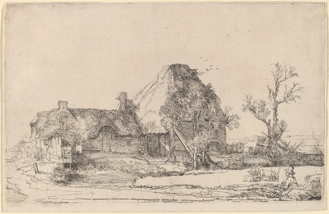 Rembrandt van Rijn, ‘Cottages and Farm Buildings with a Man Sketching’, ca. 1645, Print, Etching, National Gallery of Art, Washington, D.C.