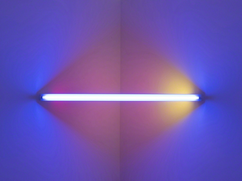 Dan Flavin, untitled (to Virginia Dwan) 1, 1971. Blue, red, pink, and yellow fluorescent light. 8 ft. wide across a corner. Installation view: Dan Flavin: cornered fluorescent light, Mana Contemporary, Jersey City, 2018. Photo: John Berens. Courtesy of the Estate of Dan Flavin
Dan Flavin, untitled (to Virginia Dwan) 1, 1971. Blue, red, pink, and yellow fluorescent light. 8 ft. wide across a corner. Installation view: Dan Flavin: cornered fluorescent light, Mana Contemporary, Jersey City, 2018. Photo: John Berens. Courtesy of the Estate of Dan Flavin