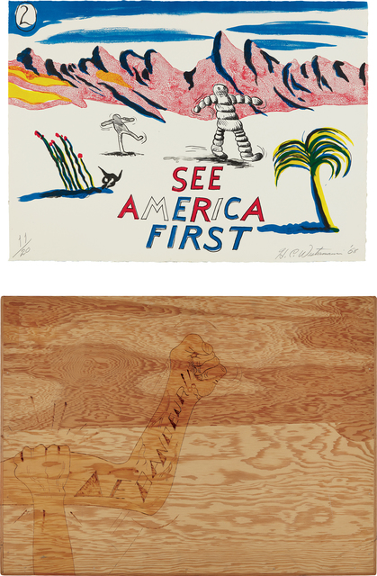 H.C. Westermann, ‘See America First’, 1968, Print, The complete set of 17 lithographs in colors, on Copperplate Deluxe paper, the full sheets, with title page/colophon, all contained in the original plywood slipcase constructed by the artist, with hand woodburning., Phillips