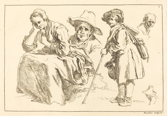 François Boucher after Abraham Bloemaert, ‘Figure Studies including Standing Boy Holding a Pitcher’, published 1735, National Gallery of Art, Washington, D.C.