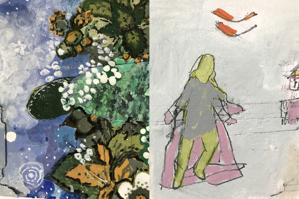 Details, Sally Gil, "Of the Past, Too/ Prospect," 2017, collage, acrylic and casein on paper, 10.25 x 15.75 in., and Jimmie James, "big story," 2017, acrylic and graphite on watercolor paper, 12.75v x 12.75 in. Details, Sally Gil, "Of the Past, Too/ Prospect," 2017, collage, acrylic and casein on paper, 10.25 x 15.75 in., and Jimmie James, "big story," 2017, acrylic and graphite on watercolor paper, 12.75v x 12.75 in.