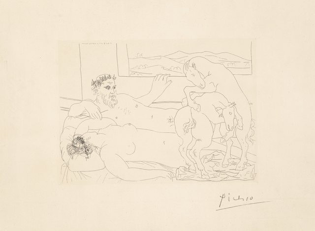 Pablo Picasso, ‘Vieux sculpteur et modèle assoupi avec un groupe sculpté représentant des chevaux luttant, pl. 64, from La Suite Vollard’, 1933, Print, Etching on Montval paper, Heritage Auctions