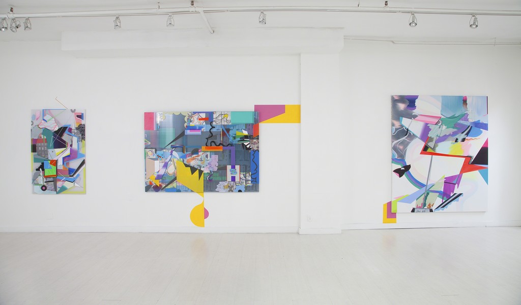 From left to right: "Cover and Protect" (mixed media on Triplewall, 152 x 100 cm);
"Science"(mixed media on Triplewall, 140 x 200 cm); "JV4" (acrylic on canvas, 213 x 183 cm) 2015 From left to right: "Cover and Protect" (mixed media on Triplewall, 152 x 100 cm);
"Science"(mixed media on Triplewall, 140 x 200 cm); "JV4" (acrylic on canvas, 213 x 183 cm) 2015