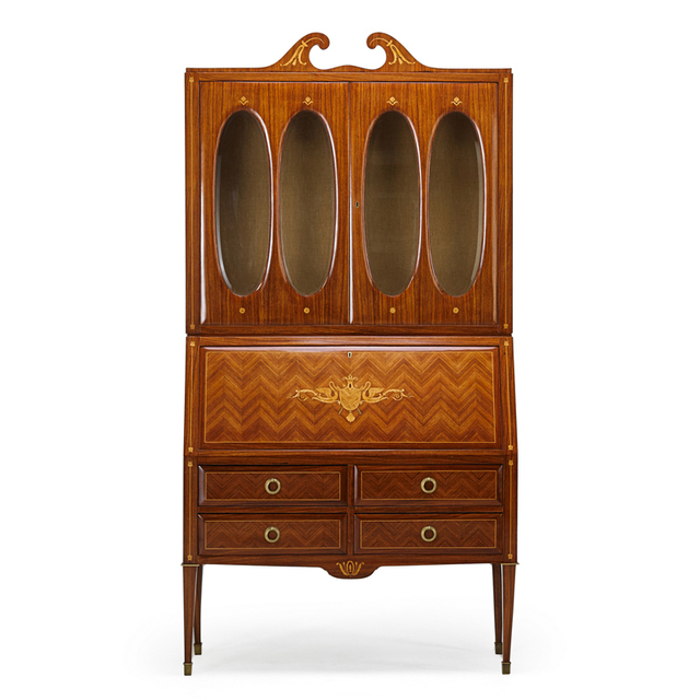 Attributed to Paolo Buffa, ‘Secretary, Italy’, 1940s, Design/Decorative Art, Mahogany, Mixed Wood Marquetry, Brass, Beveled Glass, Linen, Rago/Wright