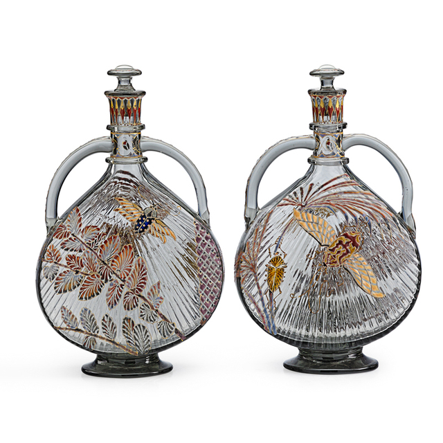 Galle, ‘Exceptional Pair Of Two-Handled Japonesque Bottles With Moths, Beetles, And Palm Fronds, France’, Late 19th C., Design/Decorative Art, Enameled And Gilt Glass, Rago/Wright
