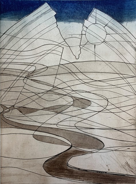 Stanley William Hayter, ‘Land Rise, from the "Death of Hektor" Portfolio’, 1979, Print, Intaglio print from engraving, soft-ground etching, etching, and roulette on copper plate printed in burnt sienna and blue ink., Washington Color
