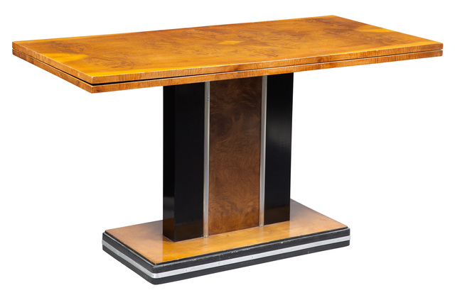‘Art Deco Part Ebonized Mahogany Dining Table’, 1930s, Design/Decorative Art, Rectangular with fold over top on pedestal base., Doyle