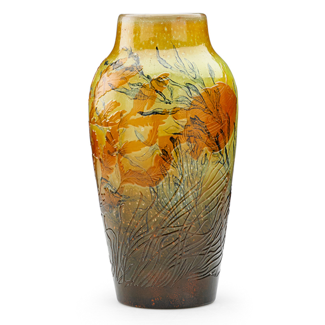 Galle, ‘Fine Vase With Aquatic Scene, France’, Late 19th/Early 20th C., Design/Decorative Art, Internally Decorated, Acid-Etched, And Fire-Polished, Cameo Glass, Foil Inclusions, Rago/Wright