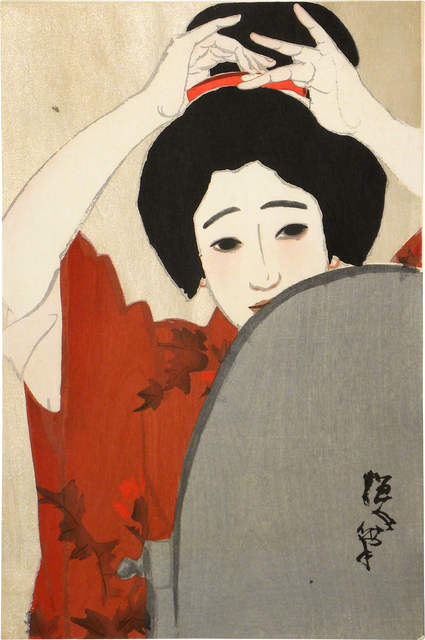 Kitano Tsunetomi, ‘Seasons of the Pleasure Quarters: no. 4, Shinchi in Winter, Before the Mirror’, ca. 1918, Scholten Japanese Art