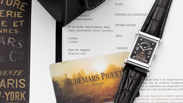 Audemars Piguet, ‘A fine white gold rectangular shaped wristwatch with tourbillon, power reserve indicator, flexible lugs, service papers and box’, 2002, Phillips