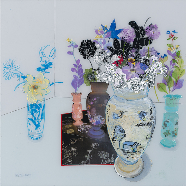 Gail Norfleet, ‘Interior with Flower Vases’, 2019, Painting, Acrylic, litho pencil, china marker, and collage on Lucite, Valley House Gallery & Sculpture Garden