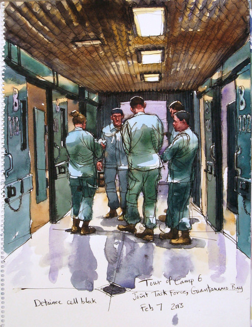Steve Mumford, ‘2//7/13 Detainee cell block, Tour of Camp 6, Joint Task ForceCamp Delta, Guantanamo Bay, Cuba’, Drawing, Collage or other Work on Paper, Ink and wash on paper, Postmasters Gallery