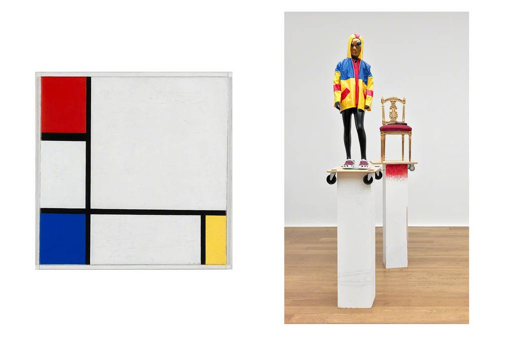 Right: Piet Mondriaan, Composition No. IV, with Red, Blue, and Yellow, 1929, coll. Stedelijk Museum Amsterdam. Left: Isa Genzken, Untitled, 2012, courtesy Galerie Buchholz, Cologne/Berlin and Hauser & Wirth, Zurich/London. Photo: Delfanne
Right: Piet Mondriaan, Composition No. IV, with Red, Blue, and Yellow, 1929, coll. Stedelijk Museum Amsterdam. Left: Isa Genzken, Untitled, 2012, courtesy Galerie Buchholz, Cologne/Berlin and Hauser & Wirth, Zurich/London. Photo: Delfanne