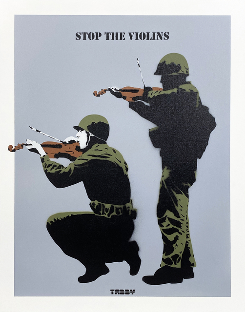TABBY, ‘'Stop the Violins' (grey) HPM’, 2020, Painting, Acrylic spray paint/stencil on thick, cotton canvas panel., Signari Gallery