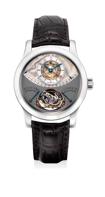 Jaeger LeCoultre, ‘An extremely rare and highly complicated platinum perpetual calendar wristwatch with equation of time, power reserve indication, gyrotourbillon regulator, warranty and box, numbered 64 of a limited edition of 75 pieces’, Circa 2010, Phillips