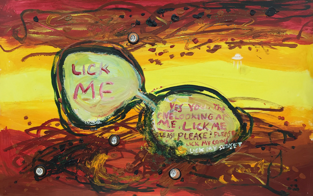 Yael Kanarek, ‘Lick Me Bubble’, 1994, Painting, Acrylic, hair, pennies, marker, and glitter on paper, bitforms gallery