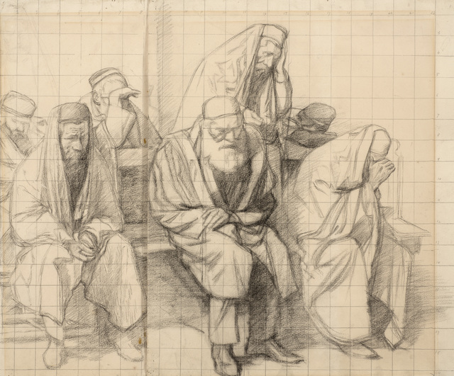 William Rothenstein, ‘Jews Mourning in a Synagogue’, 1906, Drawing, Collage or other Work on Paper, Pencil on squared paper, Ben Uri Gallery and Museum