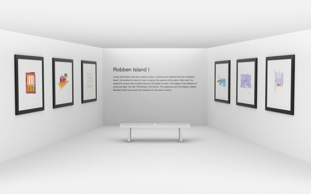 Nelson Mandela's hand-sketched artworks of Robben Island. Booth includes, "The Window", "The Church", "The Motivation", "The Harbour", "The Lighthouse", and "The Cell". Nelson Mandela's hand-sketched artworks of Robben Island. Booth includes, "The Window", "The Church", "The Motivation", "The Harbour", "The Lighthouse", and "The Cell".