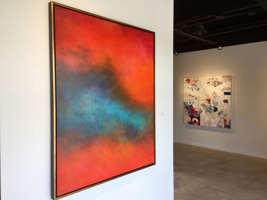 Signs of Spring exhibition, (L) Scott Upton, Nature Sings, mixed media on canvas, 60 x 48 inches; (R) Chris Hayman, Red Circle, oil on canvas, 60 x 60 inches Signs of Spring exhibition, (L) Scott Upton, Nature Sings, mixed media on canvas, 60 x 48 inches; (R) Chris Hayman, Red Circle, oil on canvas, 60 x 60 inches