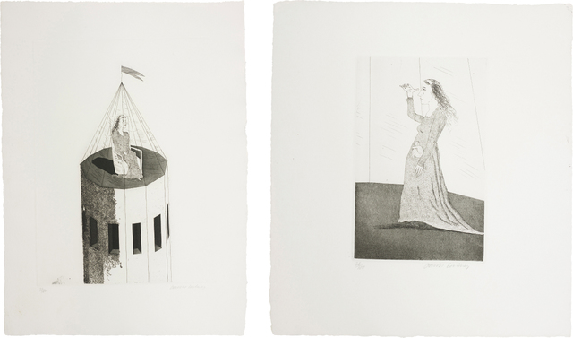 David Hockney, ‘The Princess in Her Tower; and The Princess Searching, plates 2 and 5 from Illustrations for Six Fairy Tales from the Brothers Grimm’, 1969, Phillips
