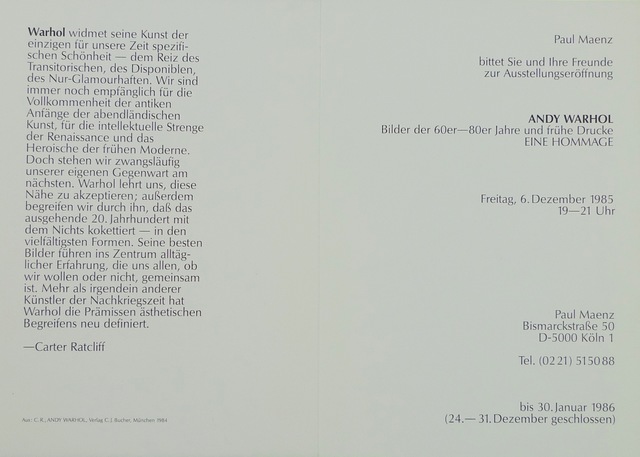 Andy Warhol, ‘Bilder de 60er-80er Jahre und Ruhe Drucke’, 1985, Ephemera or Merchandise, Bengtsson Fine Art