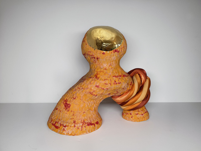 Ak Jansen, ‘Medium Abstract Ceramic Sculpture with Textile: 'David'’, 2020, Sculpture, Clay, Glaze, Underglaze, 18K Gold, Fiber, Ivy Brown Gallery