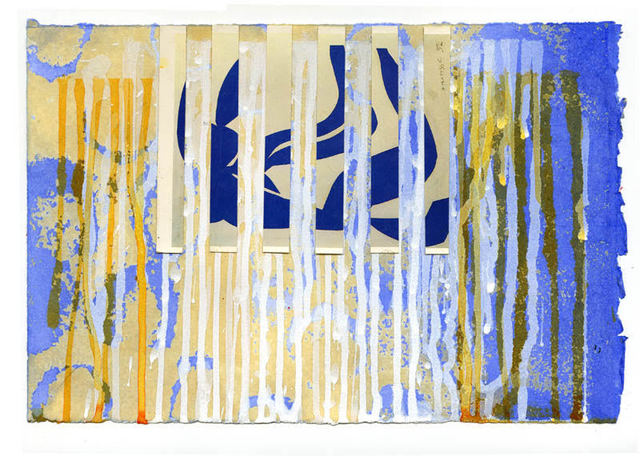 Carol Bennett, ‘"Interrupted II (Swim with Matisse) Paper" Abstract acrylic painting with blue and yellow’, 2020, Painting, Shellac, Acrylic on Paper, Eisenhauer Gallery
